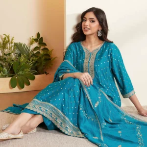 Blue Cotton Yoke Design Kalidar Kurta Set