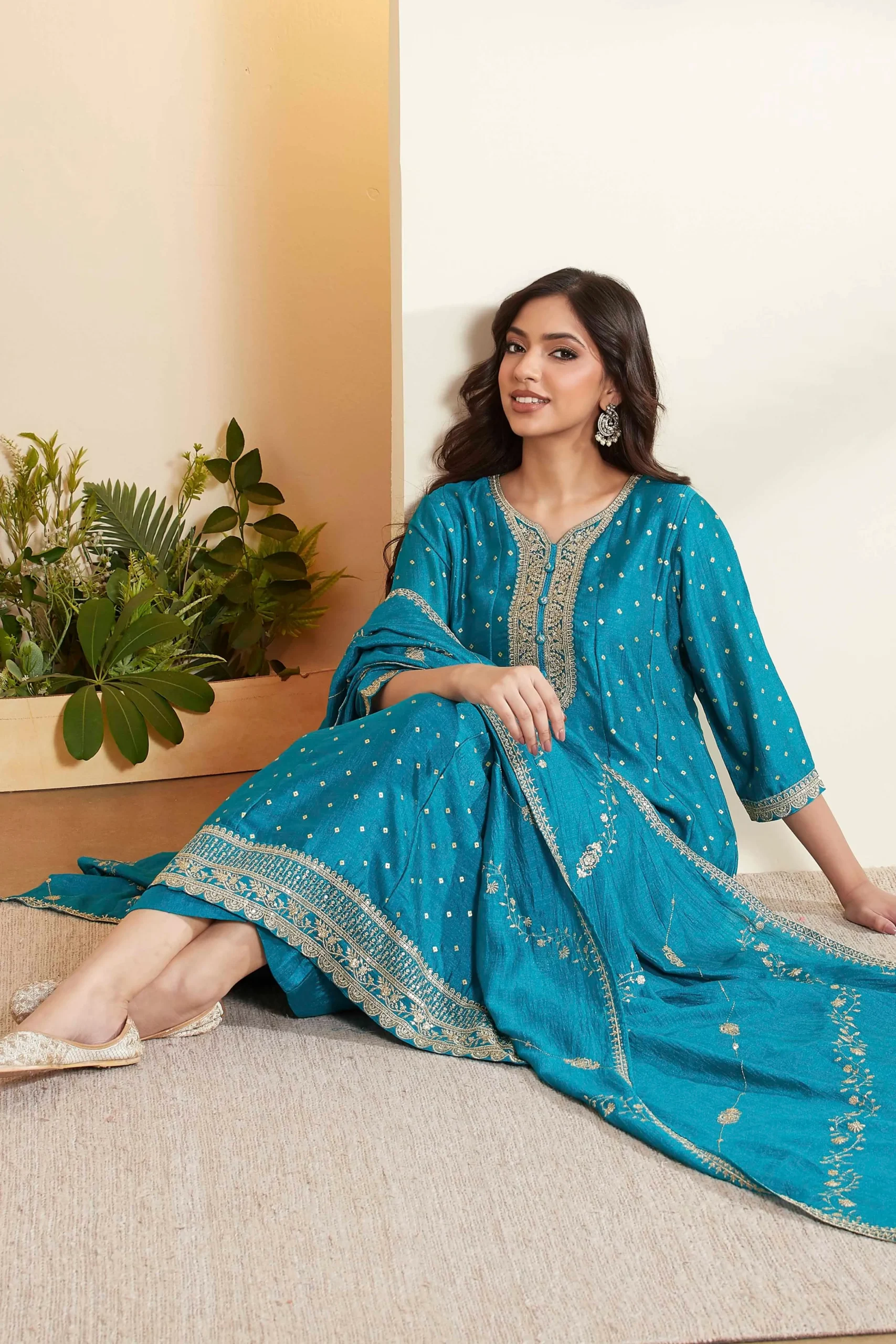 Blue Cotton Yoke Design Kalidar Kurta Set